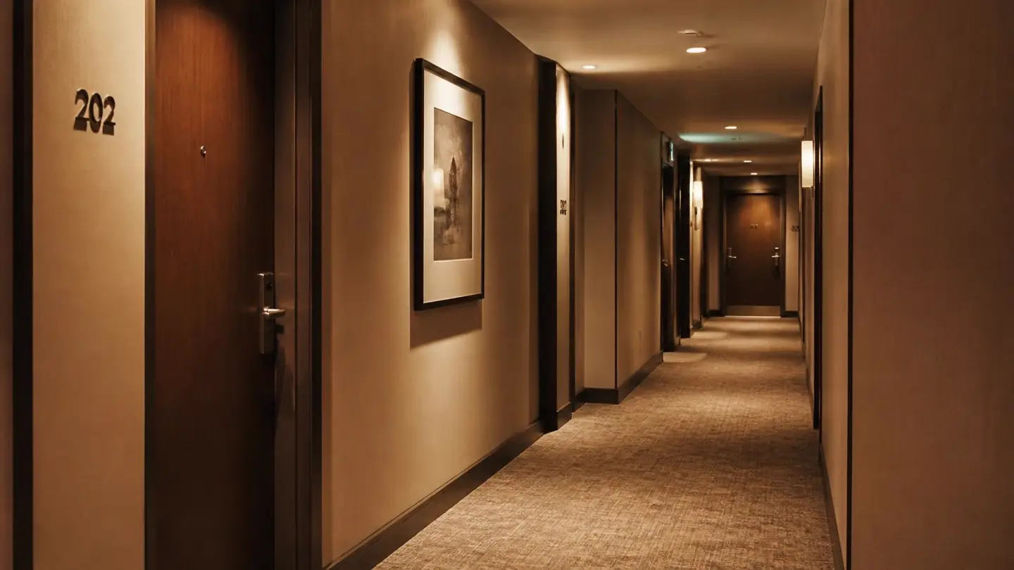 Passadís d'hotel amb portes numerades.