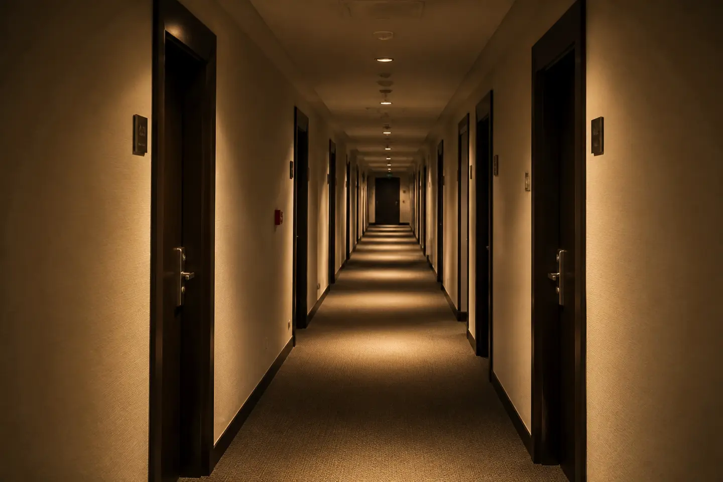 Passadís d'hotel amb portes numerades.